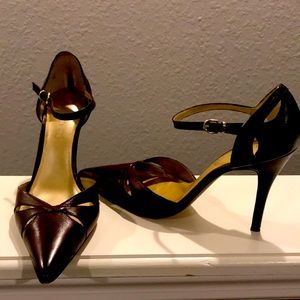 Aldo dark brown leather heels with ankle straps.